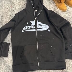 Black Zip-Up Hoodie with Graphic Design